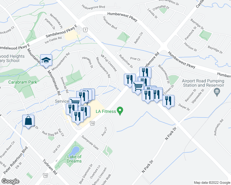 map of restaurants, bars, coffee shops, grocery stores, and more near 82 Mount Ranier Crescent in Brampton