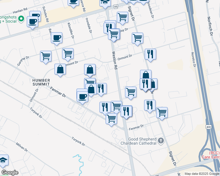map of restaurants, bars, coffee shops, grocery stores, and more near 3700 Weston Road in Toronto