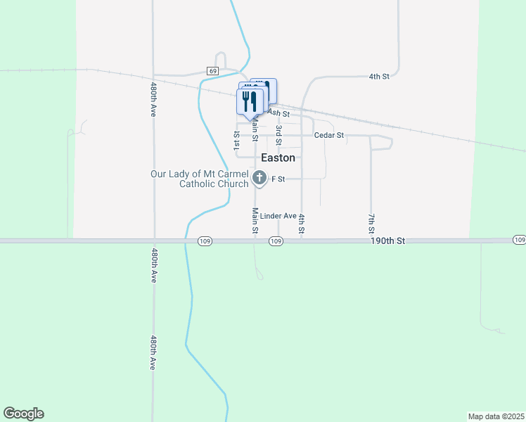 map of restaurants, bars, coffee shops, grocery stores, and more near 23 Main Street in Easton