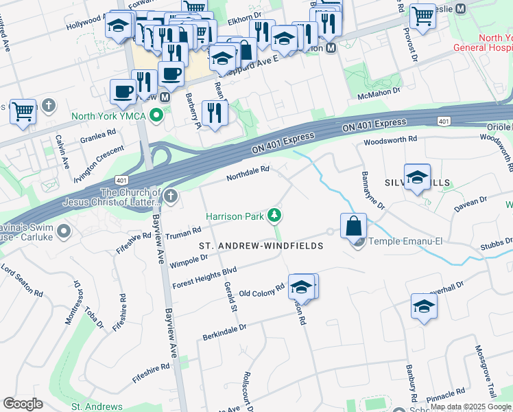 map of restaurants, bars, coffee shops, grocery stores, and more near 84 Truman Road in Toronto