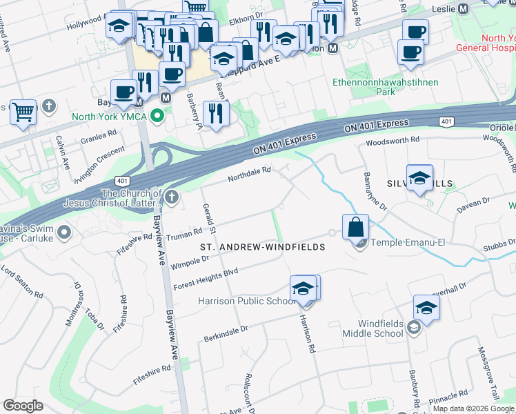 map of restaurants, bars, coffee shops, grocery stores, and more near in Toronto