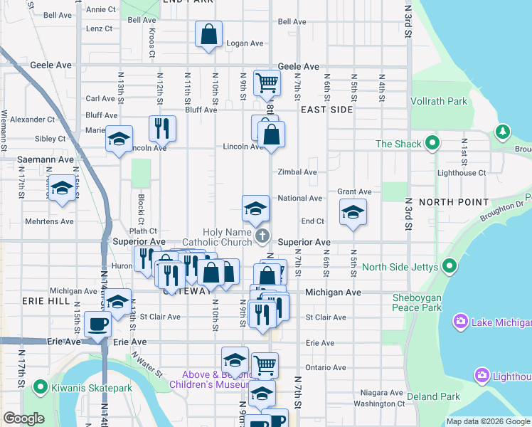 map of restaurants, bars, coffee shops, grocery stores, and more near 731 National Avenue in Sheboygan