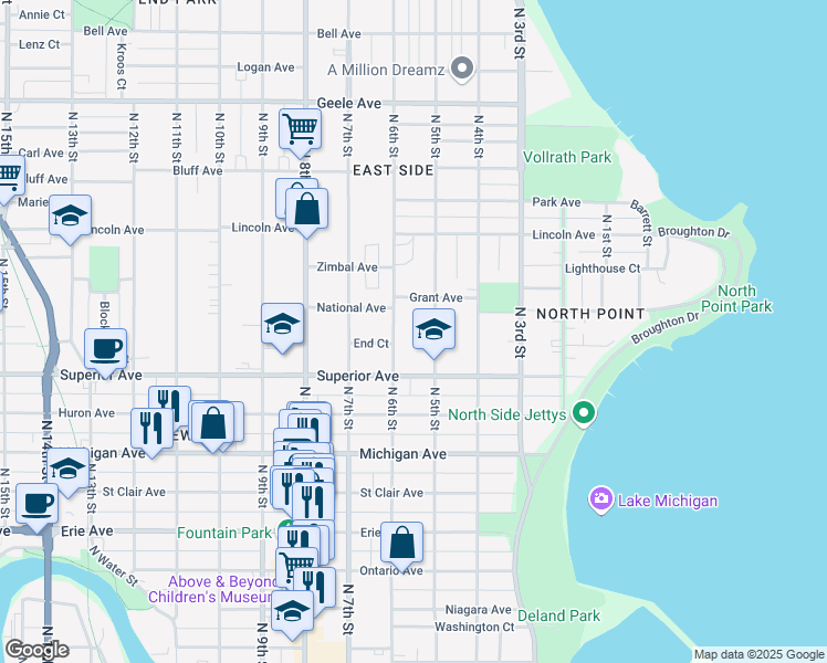 map of restaurants, bars, coffee shops, grocery stores, and more near 1528 North 5th Street in Sheboygan