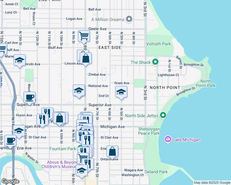 map of restaurants, bars, coffee shops, grocery stores, and more near 1528 North 5th Street in Sheboygan