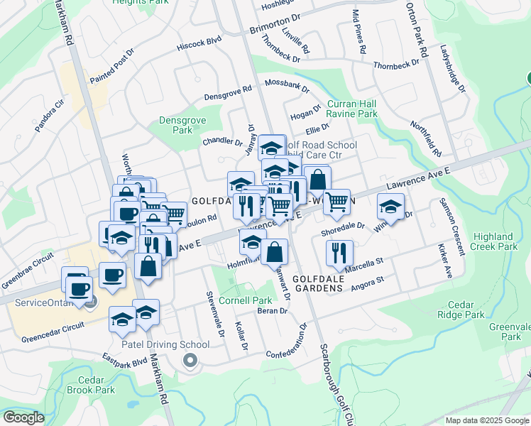 map of restaurants, bars, coffee shops, grocery stores, and more near 3700 Lawrence Avenue East in Toronto