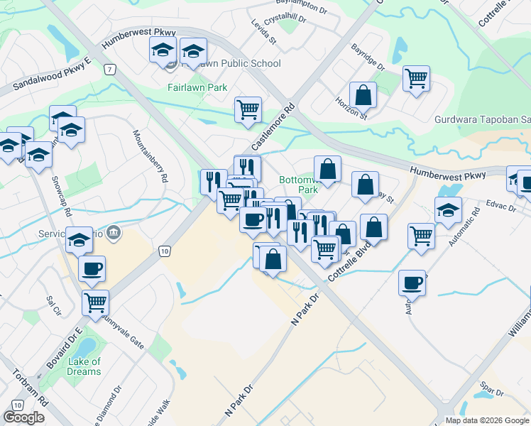 map of restaurants, bars, coffee shops, grocery stores, and more near 7 Jingle Crescent in Brampton