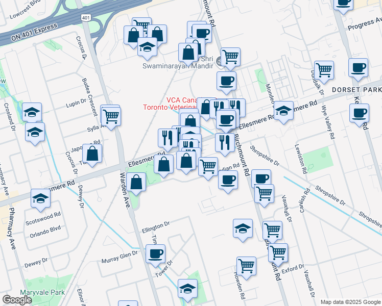 map of restaurants, bars, coffee shops, grocery stores, and more near 505 Ellesmere Road in Toronto