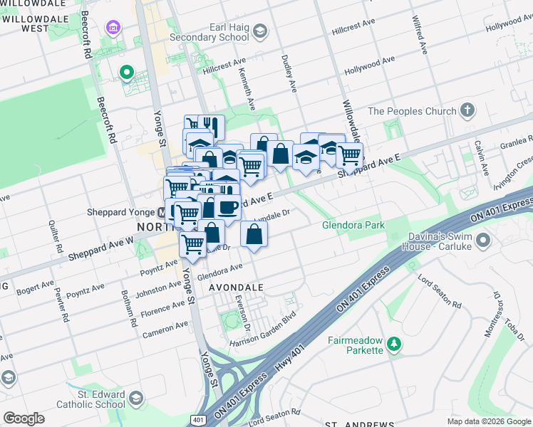 map of restaurants, bars, coffee shops, grocery stores, and more near 16 Lyndale Drive in Toronto