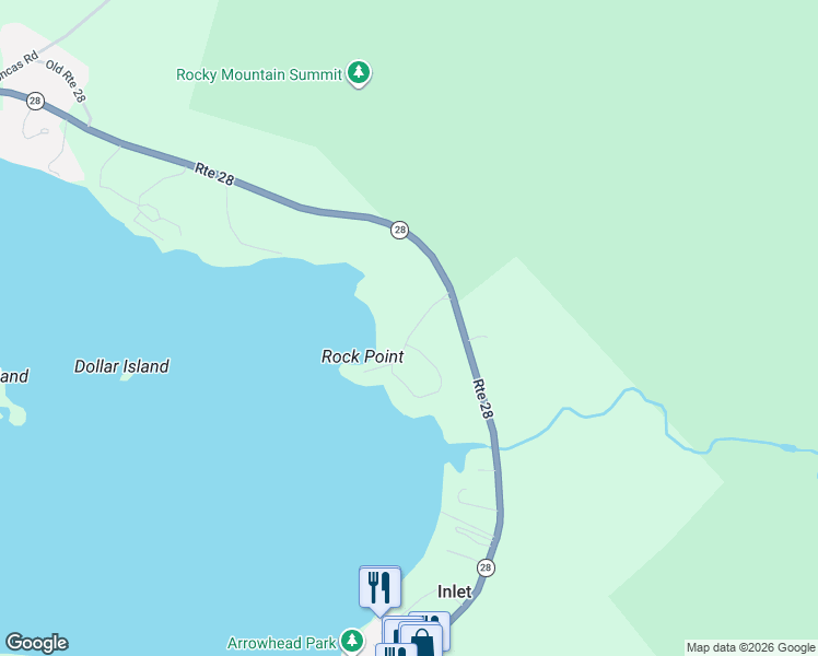 map of restaurants, bars, coffee shops, grocery stores, and more near 14 Rocky Point Lane in Inlet