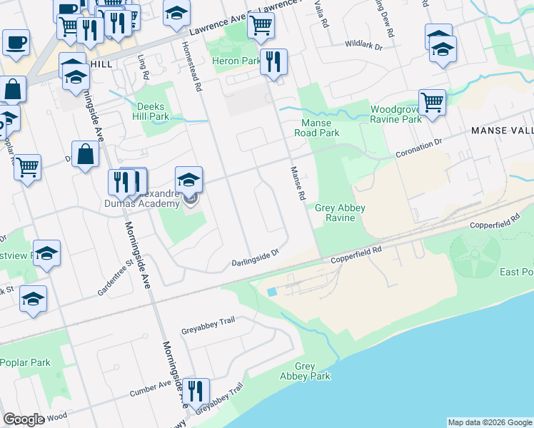 map of restaurants, bars, coffee shops, grocery stores, and more near 23 Donnacona Crescent in Toronto