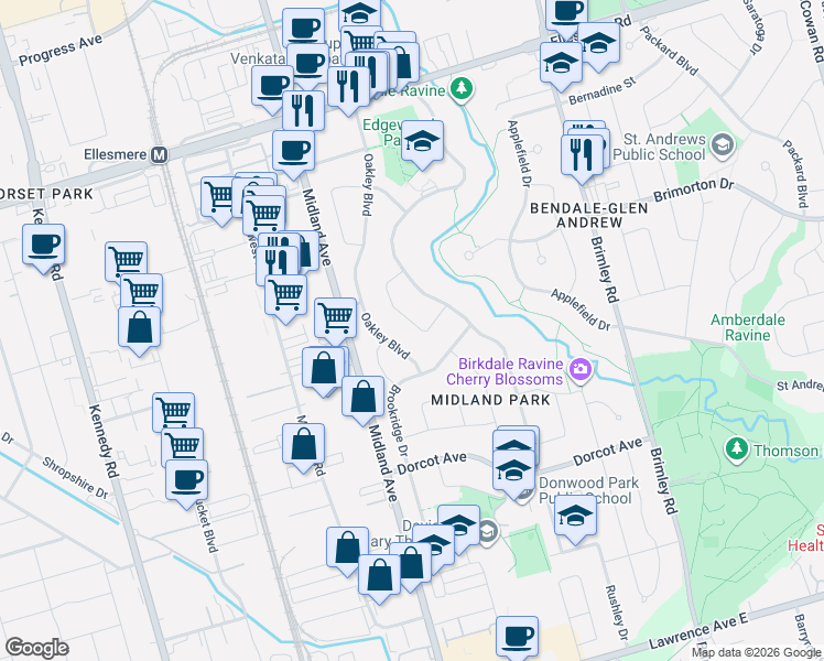map of restaurants, bars, coffee shops, grocery stores, and more near 26 Cartier Crescent in Toronto