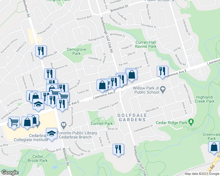 map of restaurants, bars, coffee shops, grocery stores, and more near in Toronto