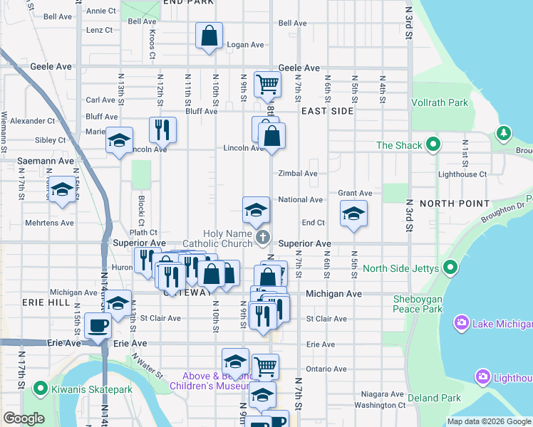 map of restaurants, bars, coffee shops, grocery stores, and more near 731 National Avenue in Sheboygan