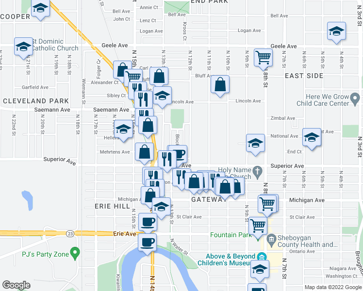 map of restaurants, bars, coffee shops, grocery stores, and more near 1624 North 12th Street in Sheboygan