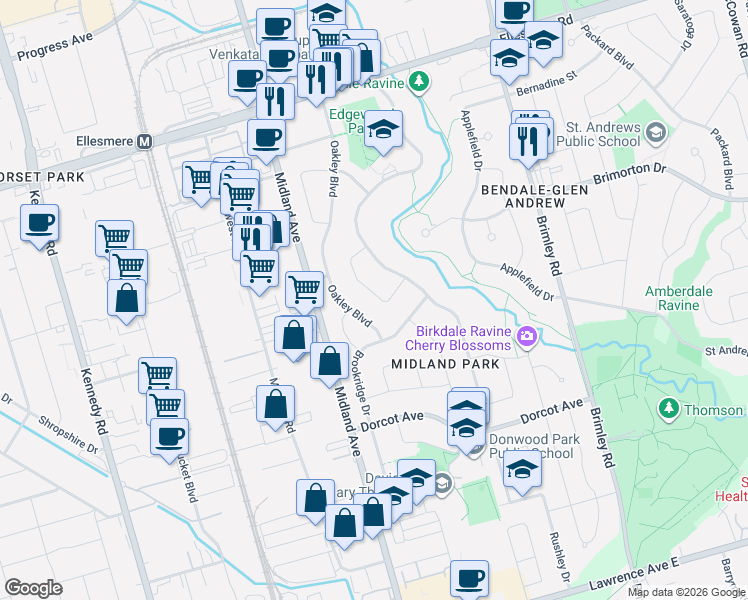 map of restaurants, bars, coffee shops, grocery stores, and more near 26 Cartier Crescent in Toronto