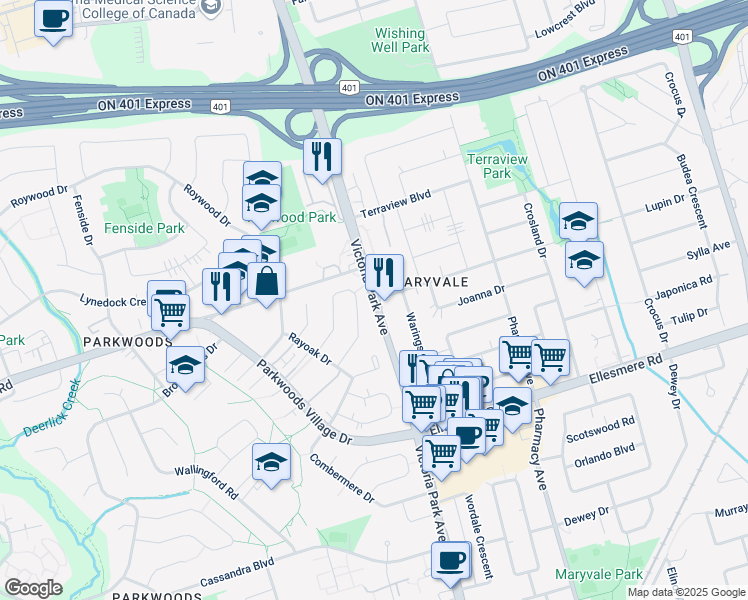 map of restaurants, bars, coffee shops, grocery stores, and more near Victoria Park Ave & Pachino Blvd in Toronto