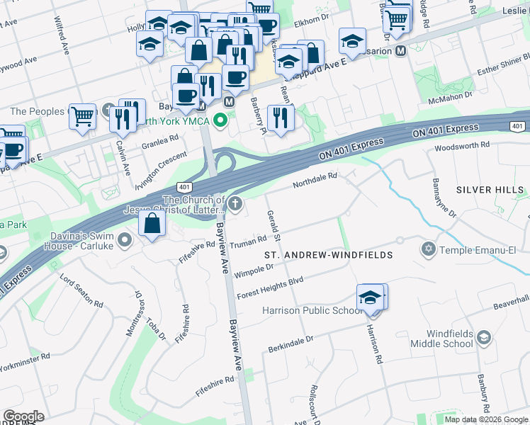 map of restaurants, bars, coffee shops, grocery stores, and more near in Toronto