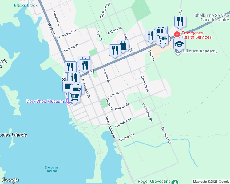 map of restaurants, bars, coffee shops, grocery stores, and more near 134 Harriet Street in Shelburne