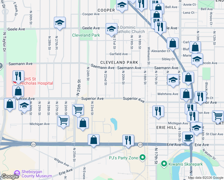 map of restaurants, bars, coffee shops, grocery stores, and more near 1543 North 22nd Street in Sheboygan