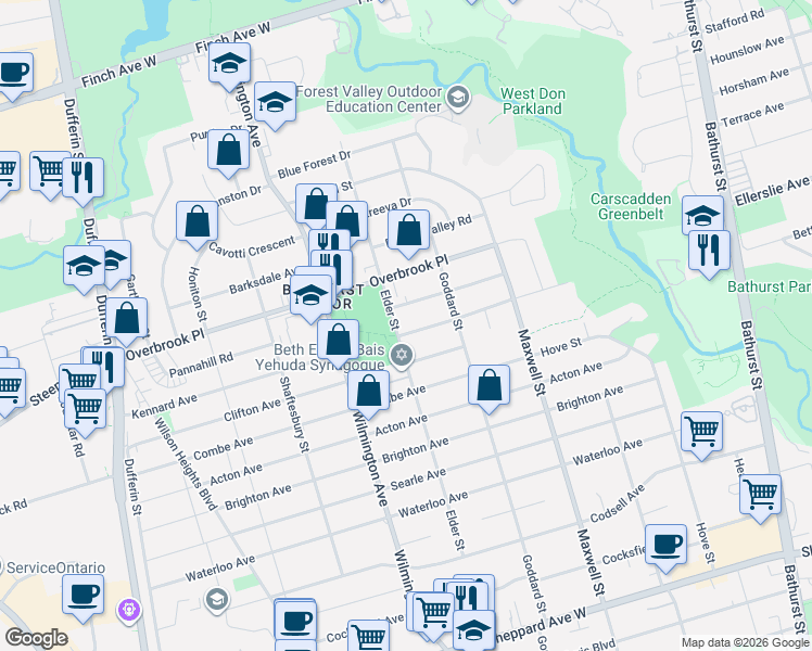 map of restaurants, bars, coffee shops, grocery stores, and more near in Toronto