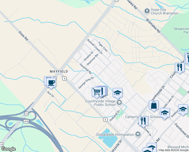map of restaurants, bars, coffee shops, grocery stores, and more near 66 George Gray Drive in Brampton