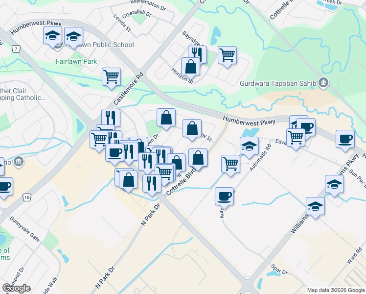 map of restaurants, bars, coffee shops, grocery stores, and more near 22 Raccoon Street in Brampton