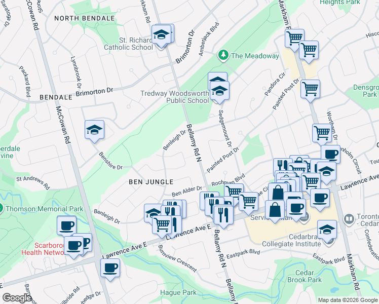 map of restaurants, bars, coffee shops, grocery stores, and more near 578 Bellamy Road North in Toronto