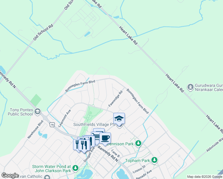 map of restaurants, bars, coffee shops, grocery stores, and more near 38 Abigail Crescent in Regional Municipality of Peel