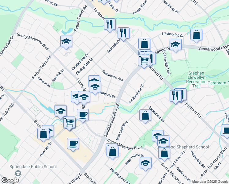 map of restaurants, bars, coffee shops, grocery stores, and more near 36 Borneo Crescent in Brampton