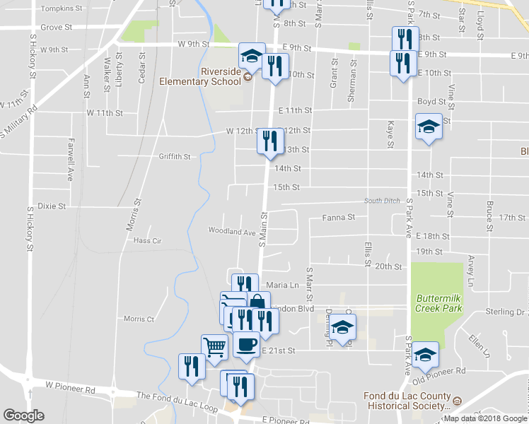 map of restaurants, bars, coffee shops, grocery stores, and more near South Main Street in Fond du Lac