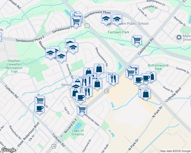 map of restaurants, bars, coffee shops, grocery stores, and more near 66 Narrow Valley Crescent in Brampton