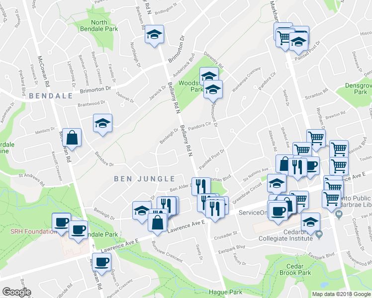 map of restaurants, bars, coffee shops, grocery stores, and more near 578 Bellamy Road North in Toronto