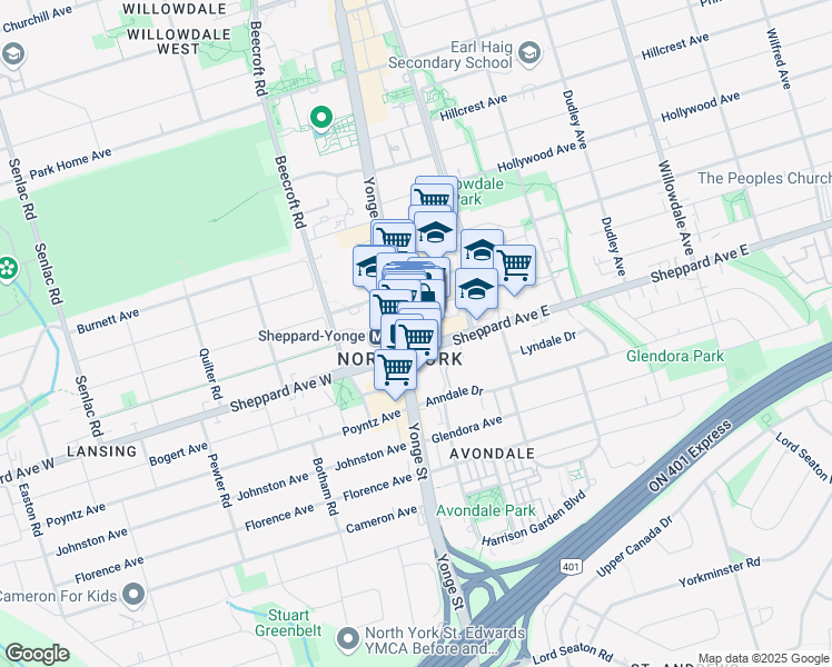 map of restaurants, bars, coffee shops, grocery stores, and more near 4841 Yonge Street in Toronto