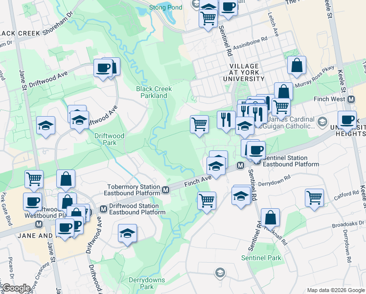 map of restaurants, bars, coffee shops, grocery stores, and more near 1600 Finch Avenue West in Toronto