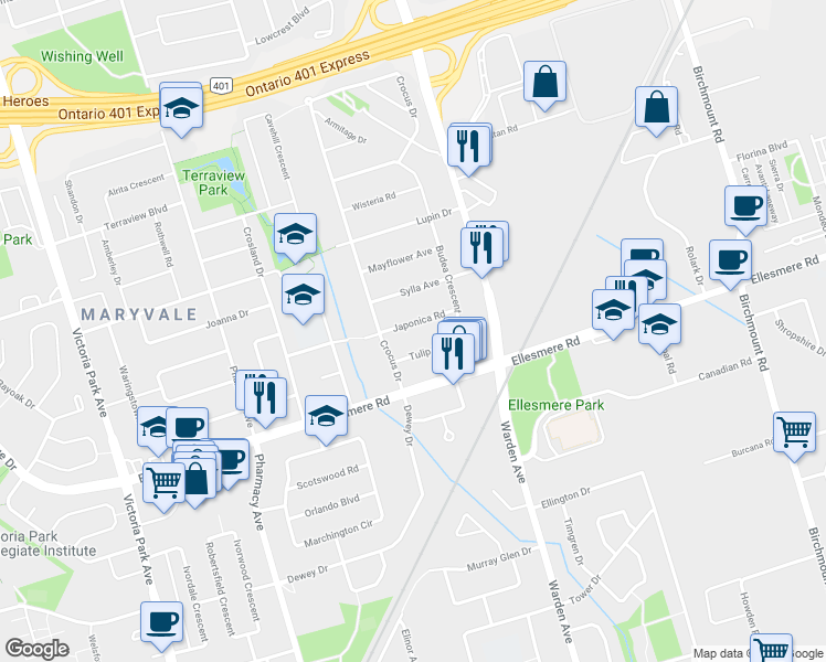 map of restaurants, bars, coffee shops, grocery stores, and more near 27 Japonica Road in Toronto