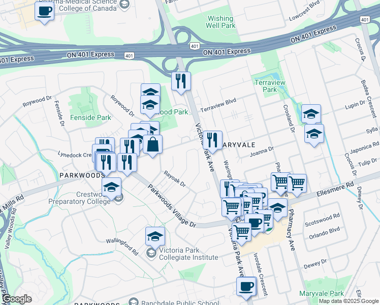 map of restaurants, bars, coffee shops, grocery stores, and more near 48 Pintail Crescent in Toronto