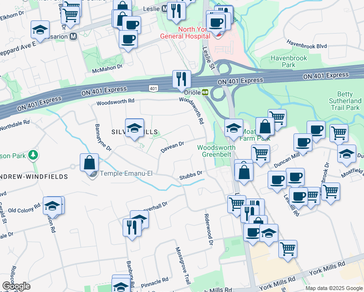 map of restaurants, bars, coffee shops, grocery stores, and more near in Toronto