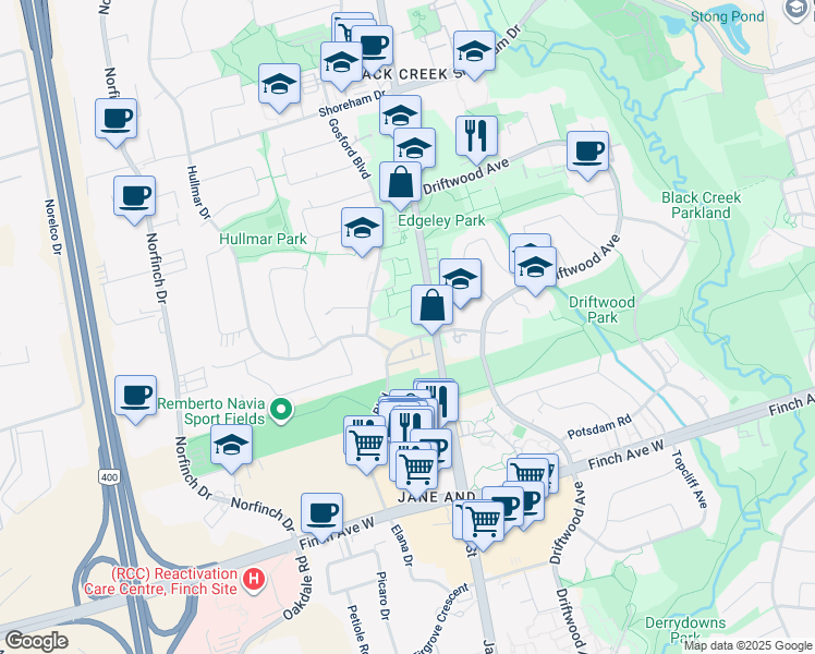 map of restaurants, bars, coffee shops, grocery stores, and more near in Toronto
