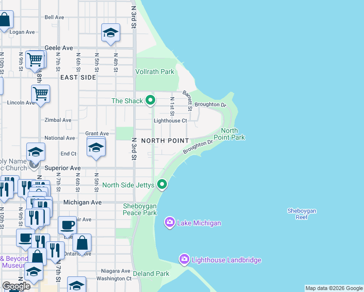 map of restaurants, bars, coffee shops, grocery stores, and more near 73 Lake Court in Sheboygan