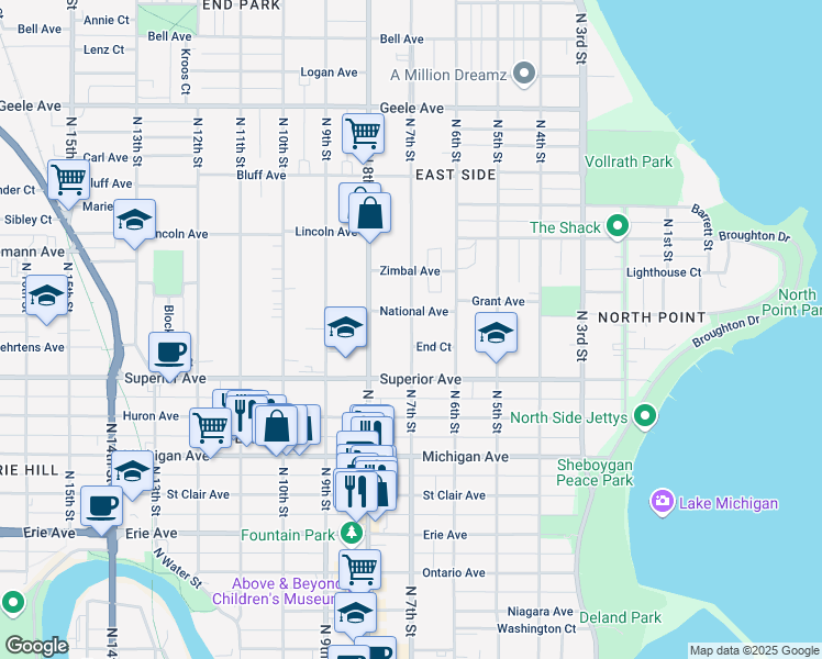 map of restaurants, bars, coffee shops, grocery stores, and more near 1629 North 7th Street in Sheboygan