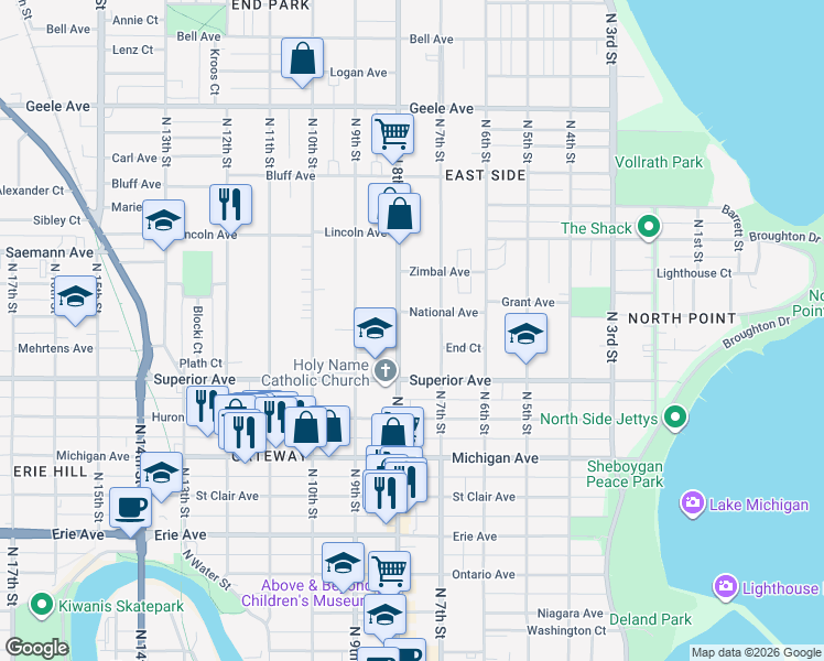 map of restaurants, bars, coffee shops, grocery stores, and more near 731 National Avenue in Sheboygan