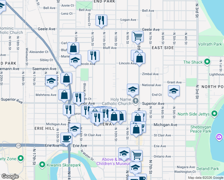 map of restaurants, bars, coffee shops, grocery stores, and more near 1616 North 10th Street in Sheboygan