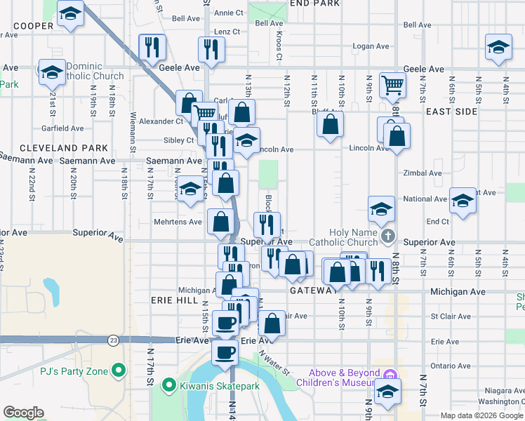 map of restaurants, bars, coffee shops, grocery stores, and more near 1621 North 13th Street in Sheboygan