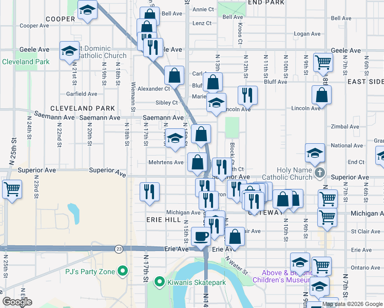 map of restaurants, bars, coffee shops, grocery stores, and more near 1557 North 15th Street in Sheboygan