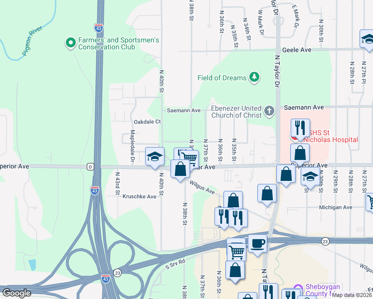 map of restaurants, bars, coffee shops, grocery stores, and more near 3805 Sheridan Avenue in Sheboygan