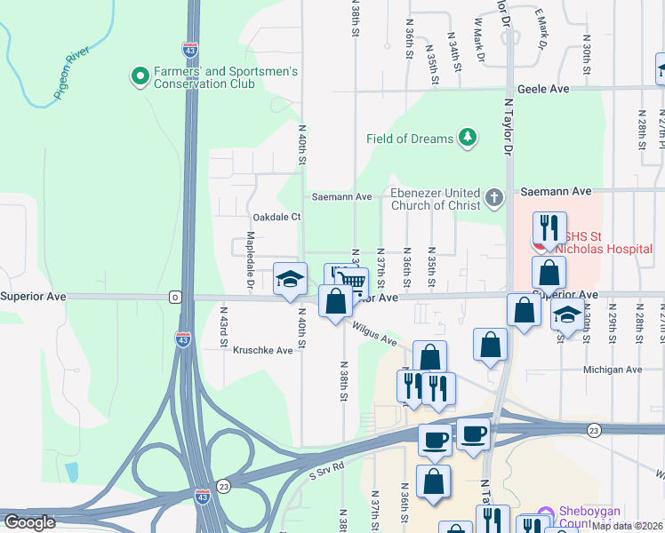 map of restaurants, bars, coffee shops, grocery stores, and more near 3805 Sheridan Avenue in Sheboygan