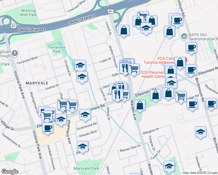 map of restaurants, bars, coffee shops, grocery stores, and more near 27 Japonica Road in Toronto