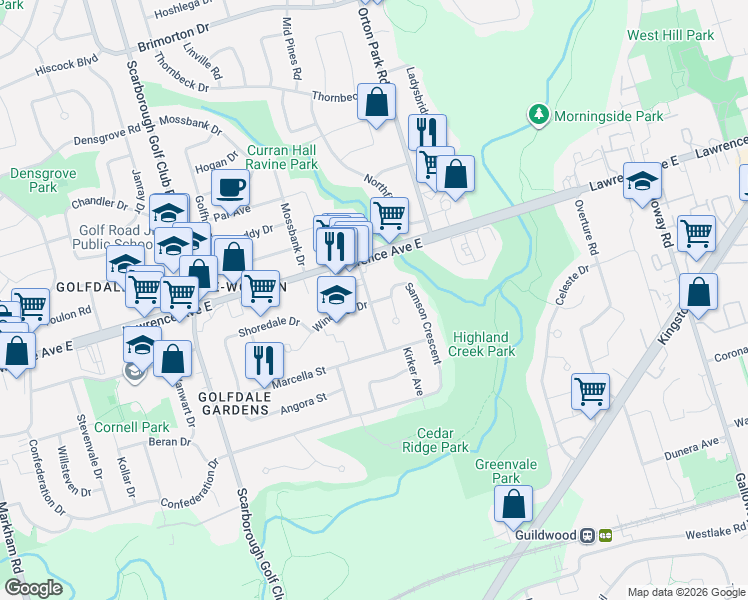 map of restaurants, bars, coffee shops, grocery stores, and more near 79 Samson Crescent in Toronto