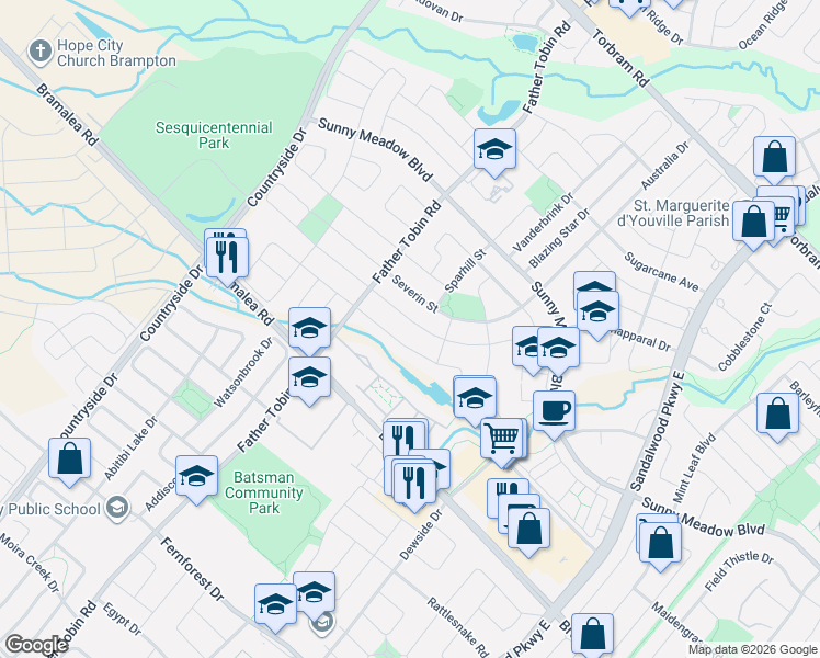map of restaurants, bars, coffee shops, grocery stores, and more near 36 Totten Drive in Brampton