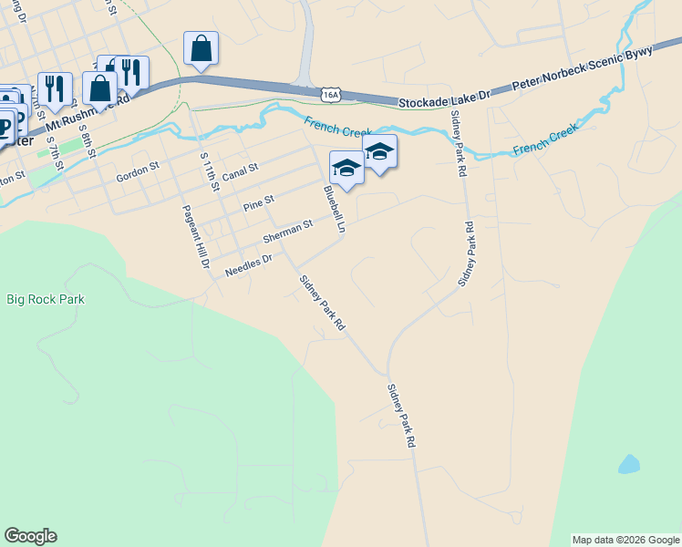map of restaurants, bars, coffee shops, grocery stores, and more near 1200-1398 Bluebell Lane in Custer